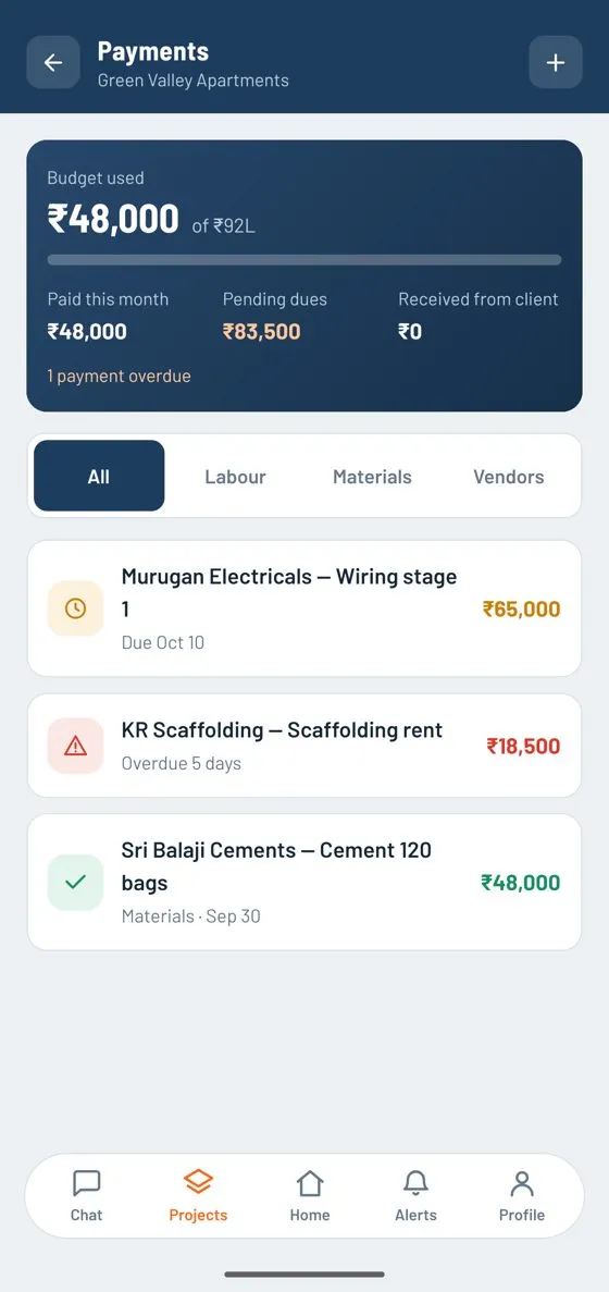 Payments ledger with budget used and pending dues
